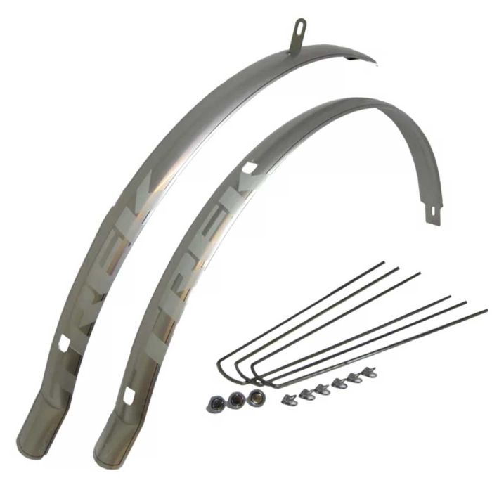 Spatbordset Trek Curana brushed zilver met TREK opdruk voor Carbon en SL frames, inclusief bevestigingsmaterialen - 428299